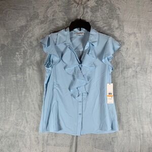Calvin Klein Womens Sleeveless Ruffle Blouse Top Button Up Shirt Blue S‎ Office